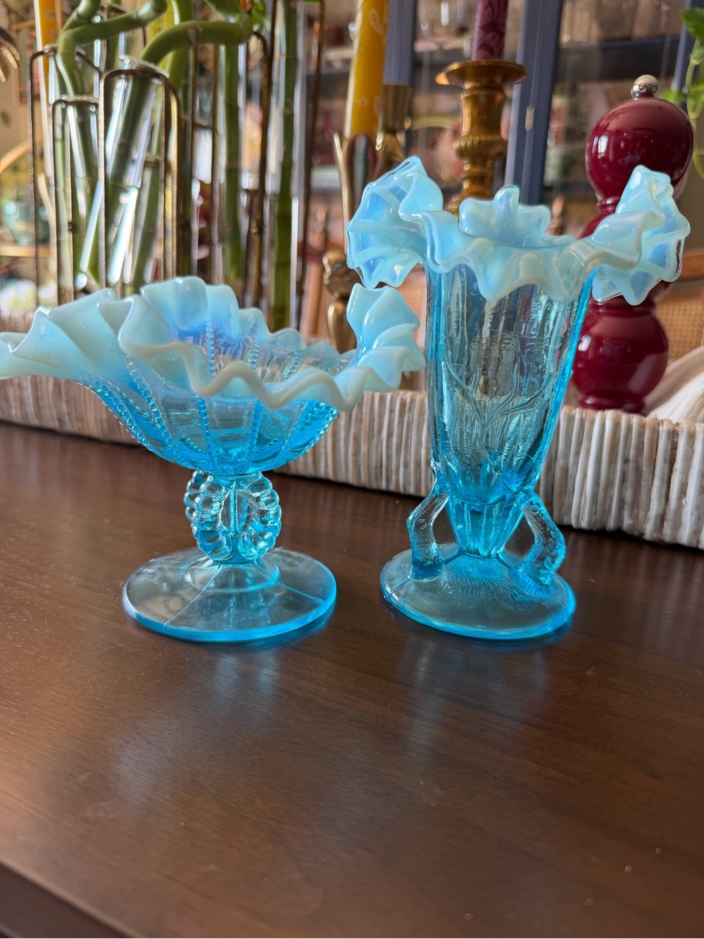 Aqua Blue Opalescent Ruffled Glass Compotes - Pair VINTAGE